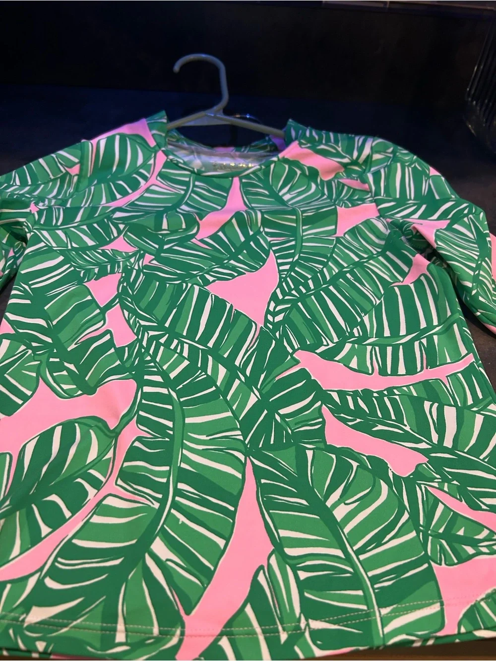 Lilly Pulitzer Green and Pink Tropical Leaf Rash Guard Skirt Swimsuit Set